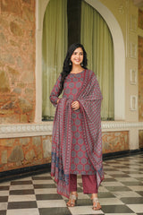 maroon rayon blend ajrakh printed straight kurta trousers with dupatta 