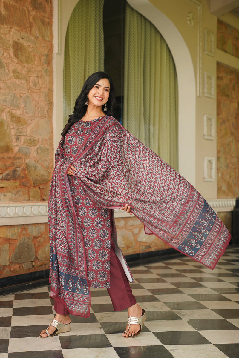 maroon rayon blend ajrakh printed straight kurta trousers with dupatta 