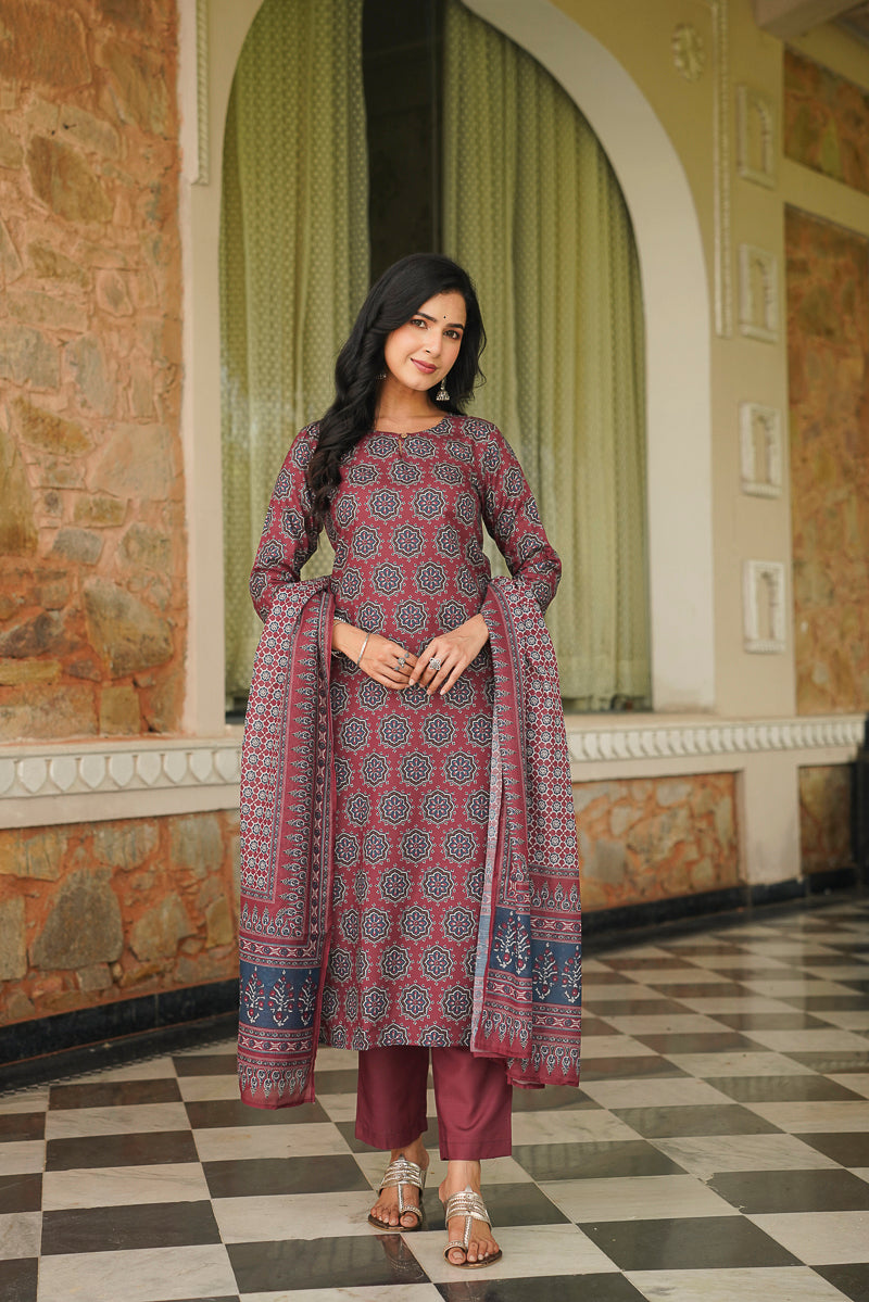 maroon rayon blend ajrakh printed straight kurta trousers with dupatta 