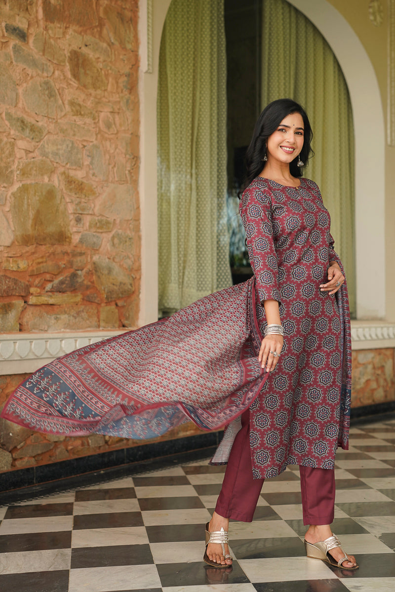 maroon rayon blend ajrakh printed straight kurta trousers with dupatta 