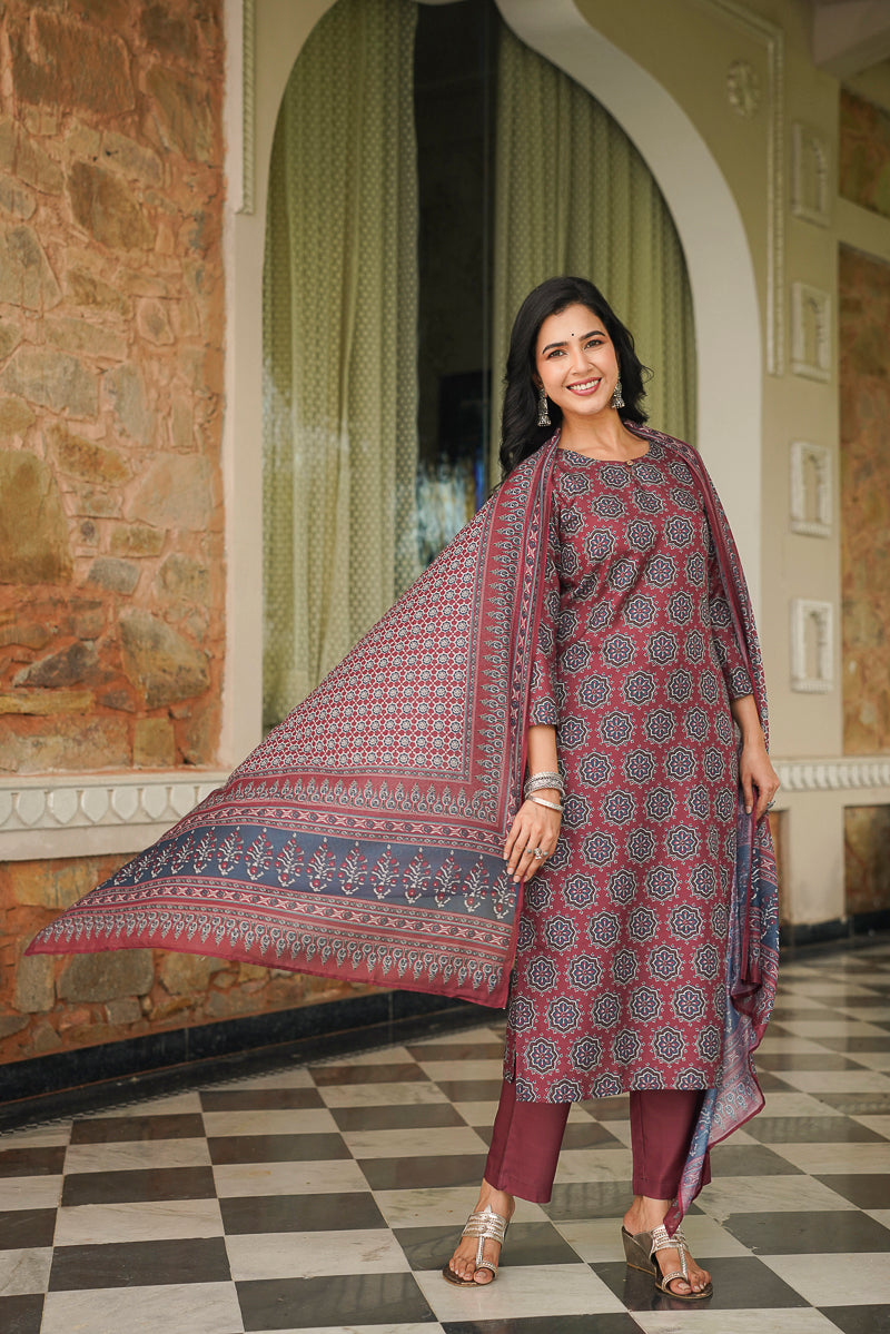 maroon rayon blend ajrakh printed straight kurta trousers with dupatta 