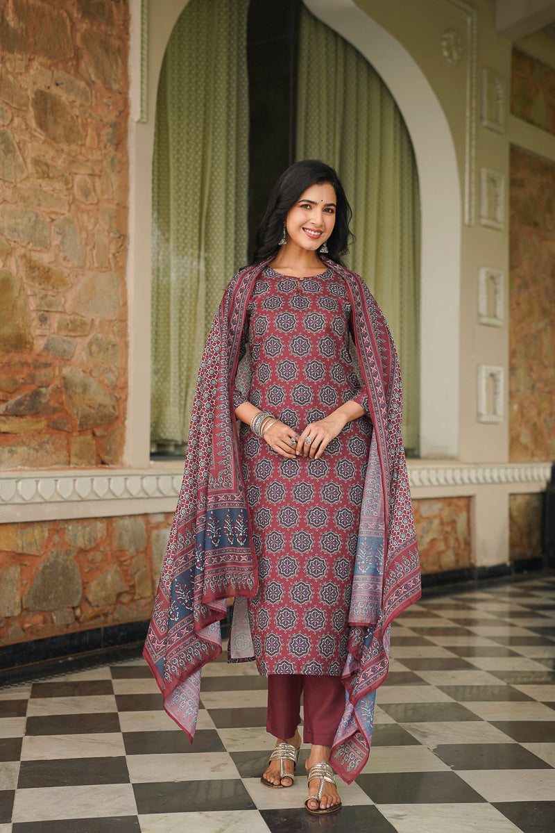 maroon rayon blend ajrakh printed straight kurta trousers with dupatta 