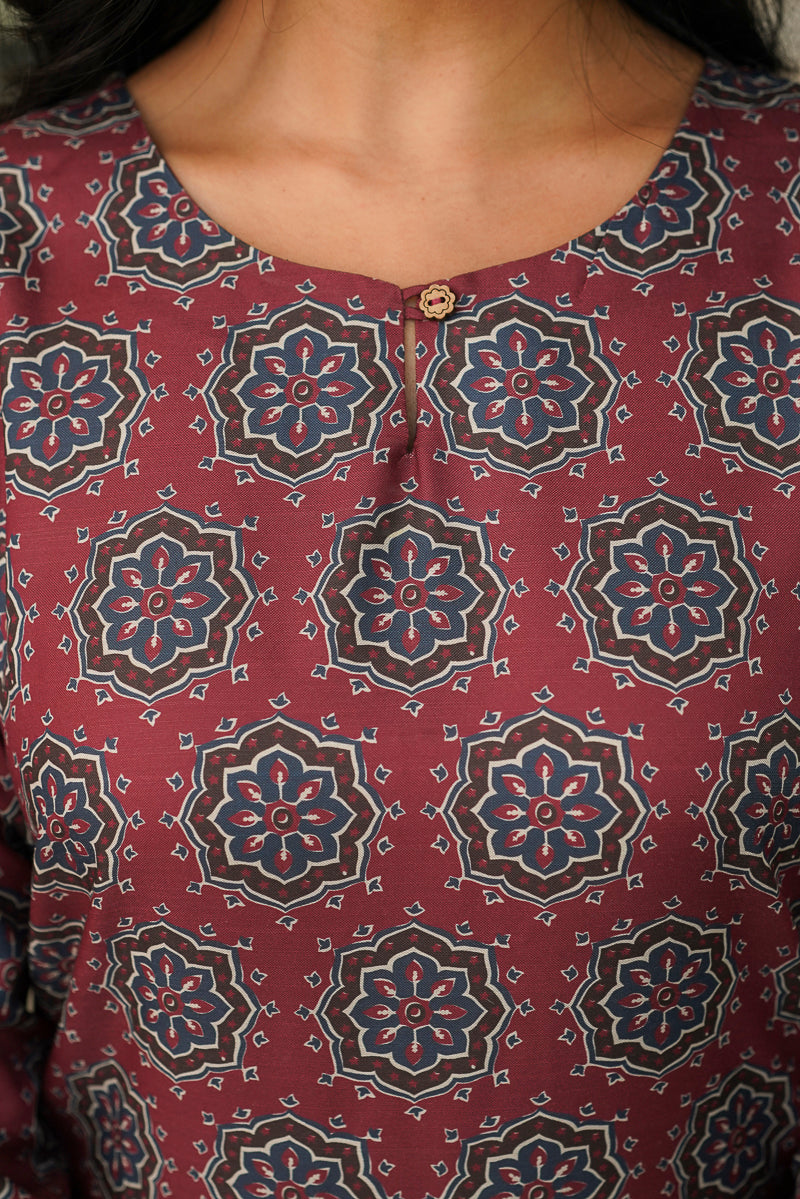 maroon rayon blend ajrakh printed straight kurta trousers with dupatta 