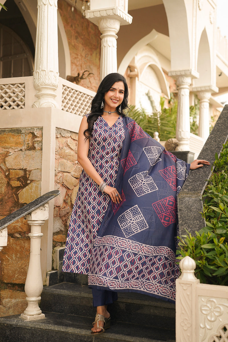 blue rayon geometric printed straight kurta trousers with dupatta 
