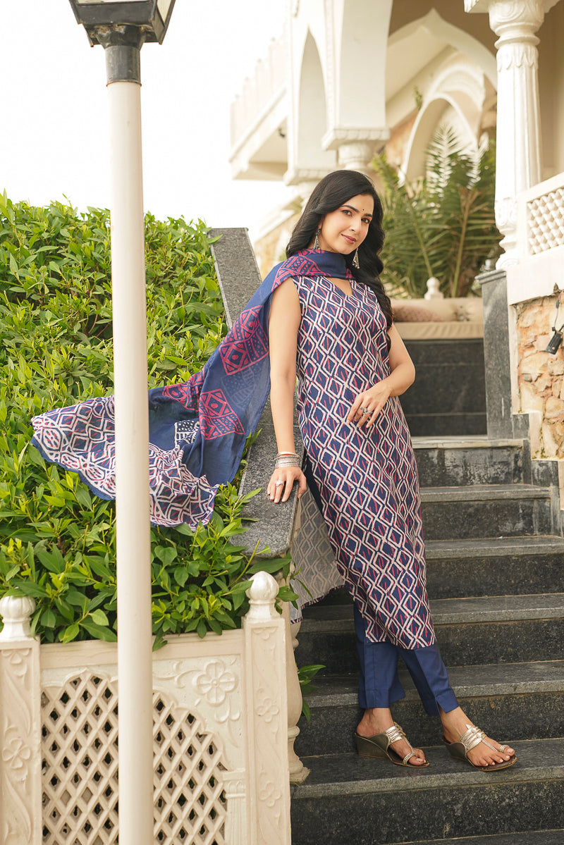 blue rayon geometric printed straight kurta trousers with dupatta 