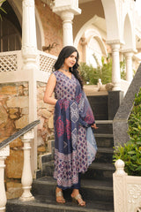 blue rayon geometric printed straight kurta trousers with dupatta 