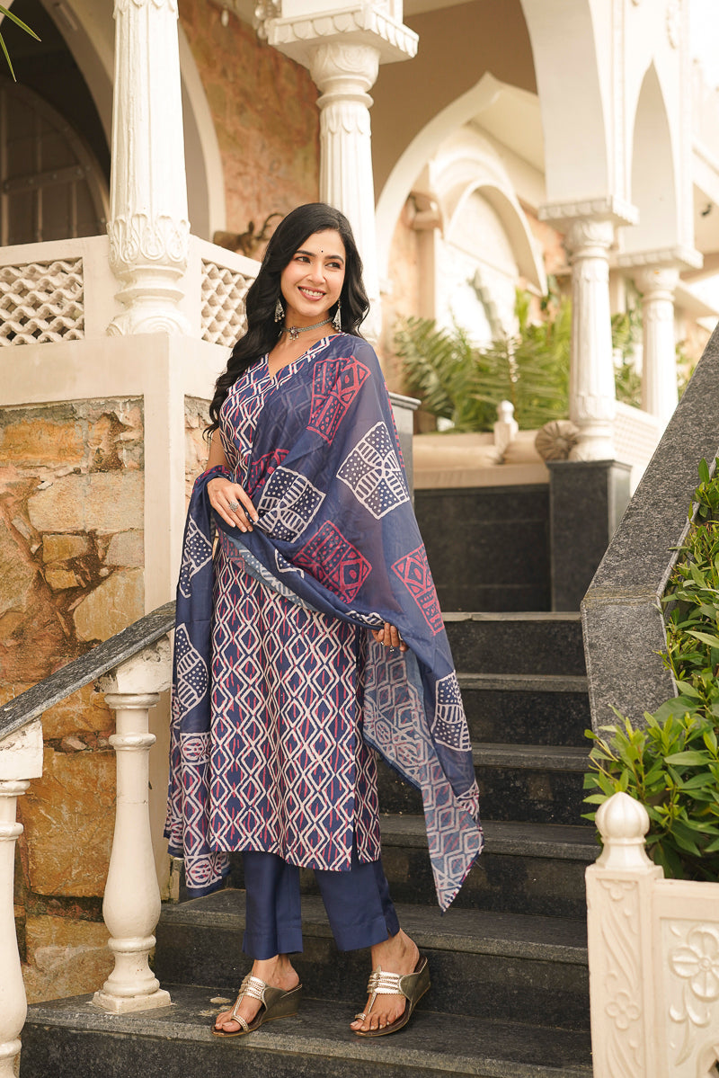 blue rayon geometric printed straight kurta trousers with dupatta 