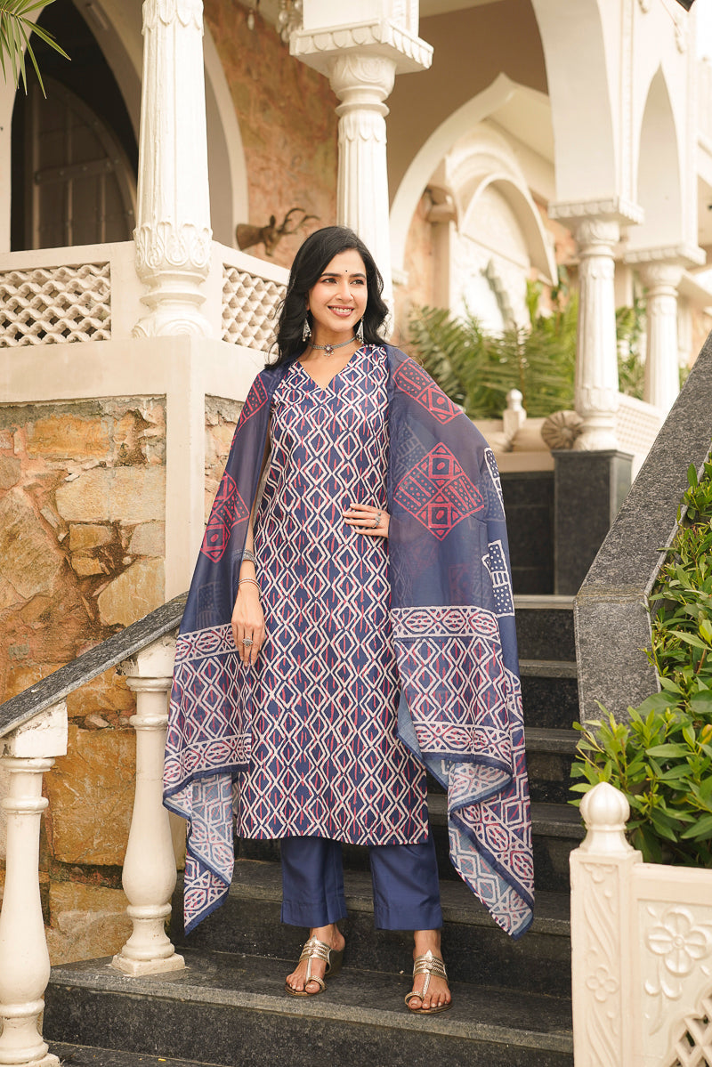 blue rayon geometric printed straight kurta trousers with dupatta 
