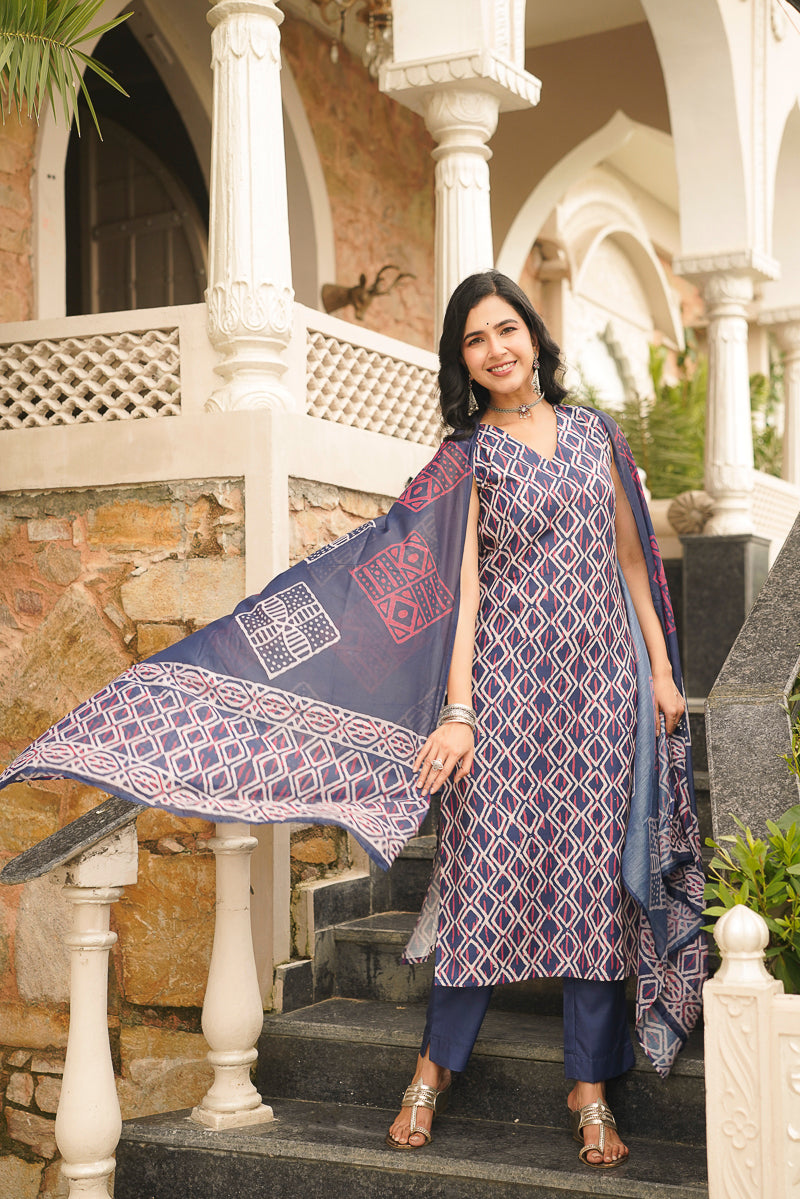 blue rayon geometric printed straight kurta trousers with dupatta 