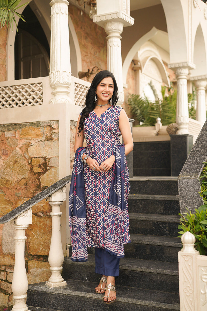 blue rayon geometric printed straight kurta trousers with dupatta 