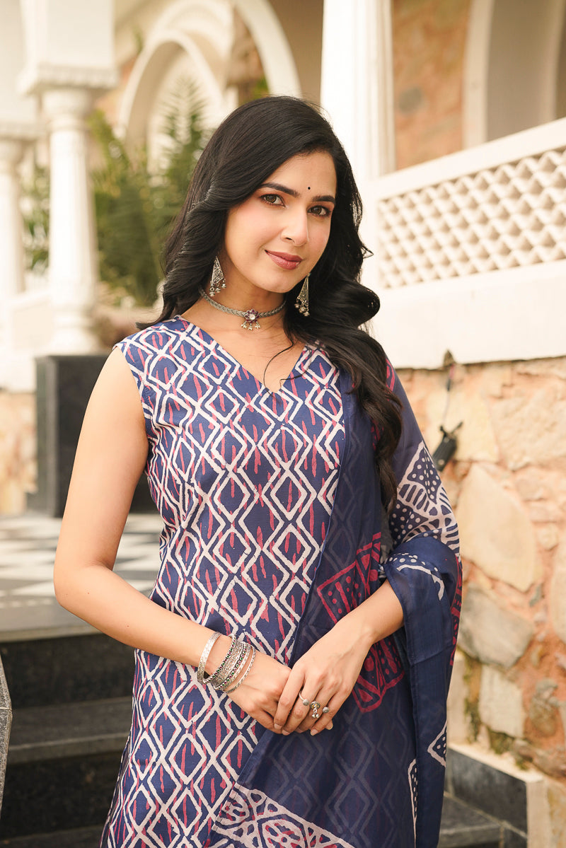 blue rayon geometric printed straight kurta trousers with dupatta 