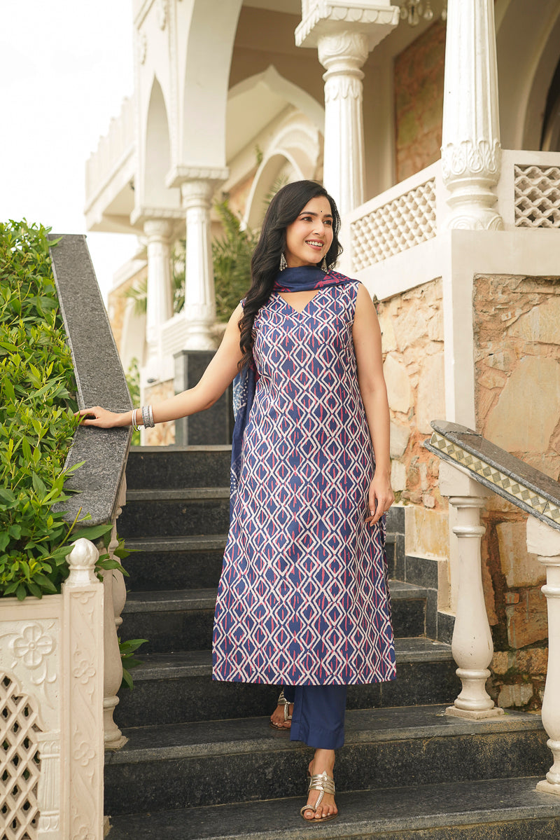 blue rayon geometric printed straight kurta trousers with dupatta 