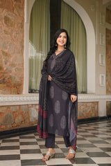 black rayon blend floral printed straight kurta trousers with dupatta 