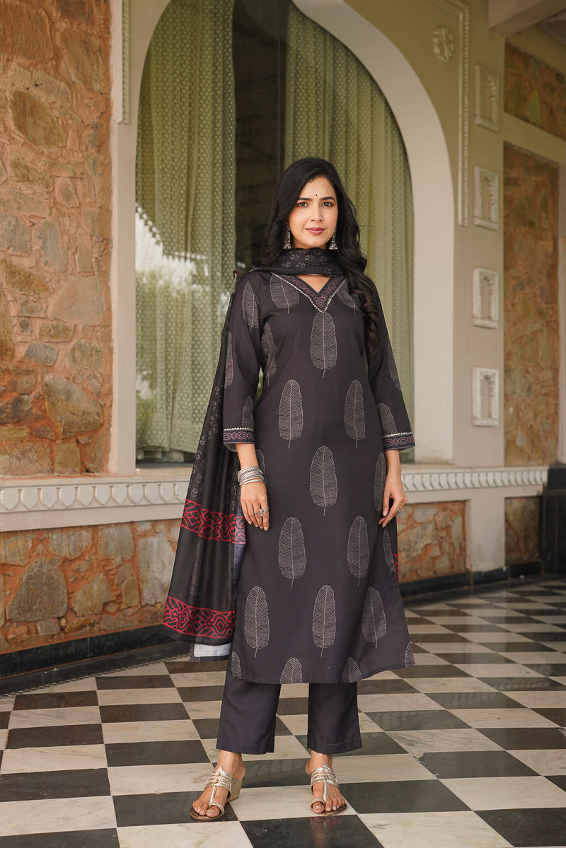 black rayon blend floral printed straight kurta trousers with dupatta 