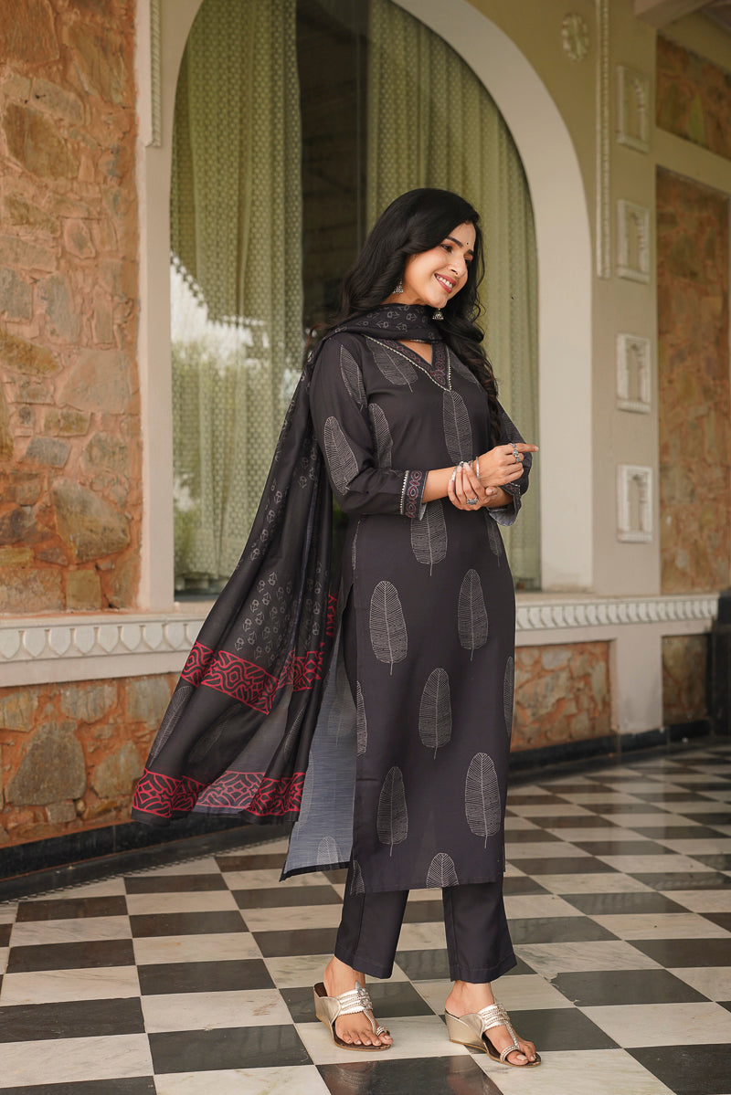 black rayon blend floral printed straight kurta trousers with dupatta 