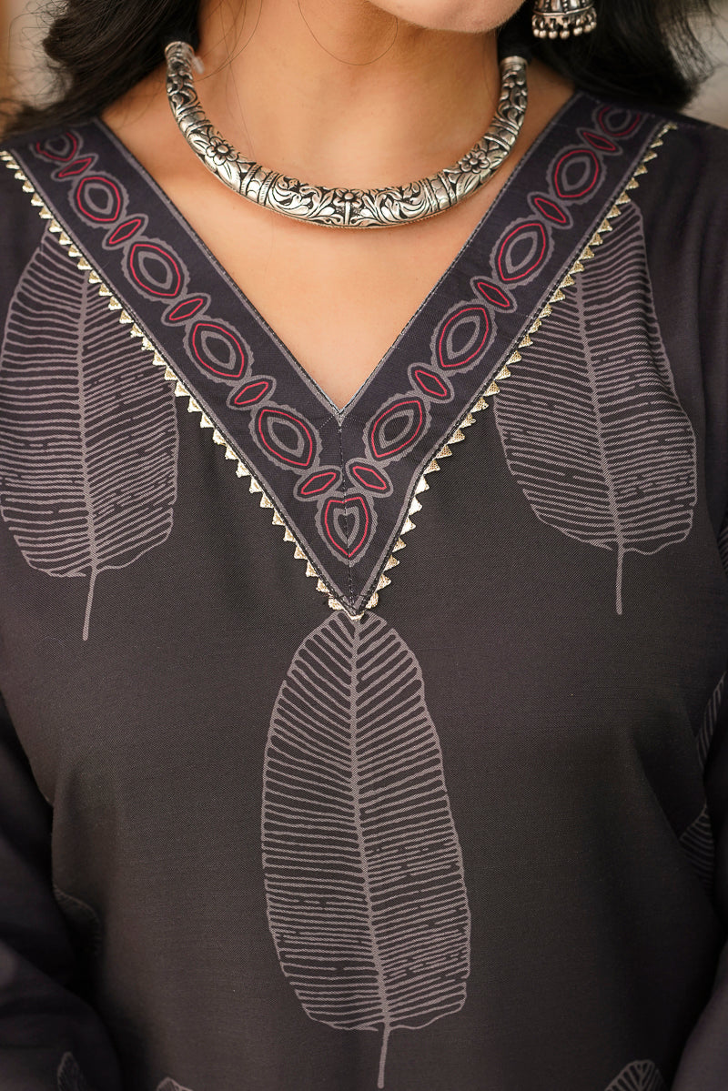 black rayon blend floral printed straight kurta trousers with dupatta 