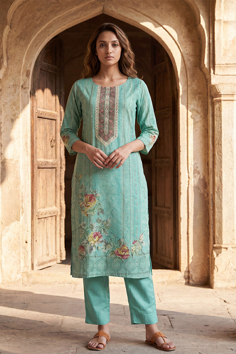 teal pure cotton ethnic motifs printed straight kurta sets vkskd3200