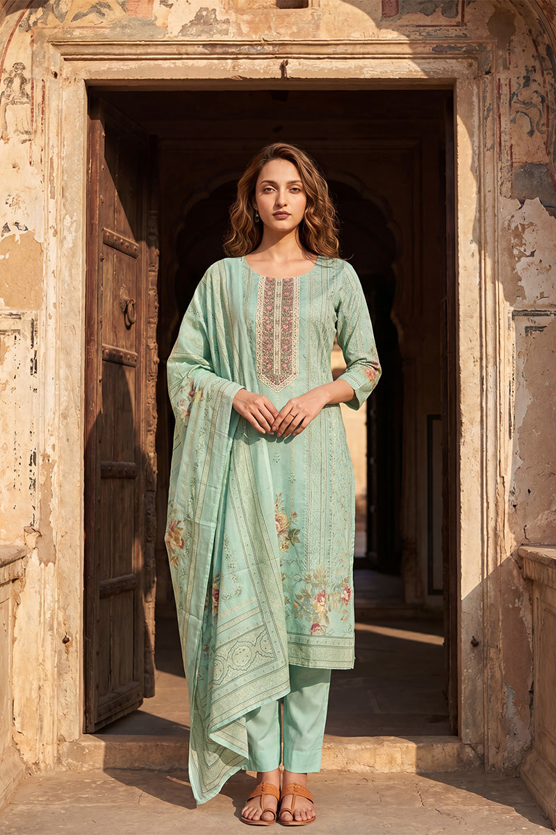 teal pure cotton ethnic motifs printed straight kurta sets vkskd3200