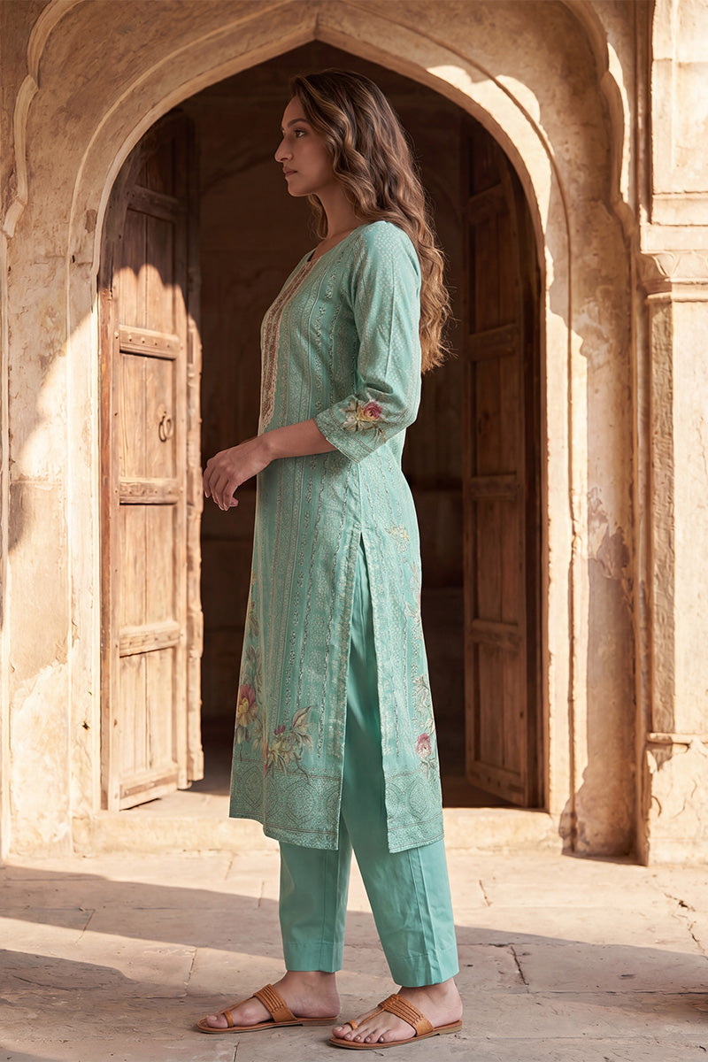 teal pure cotton ethnic motifs printed straight kurta sets vkskd3200