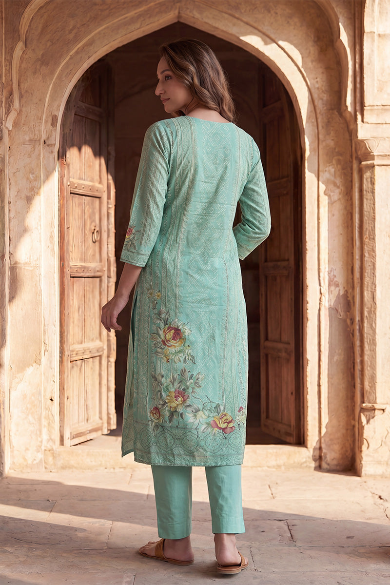 teal pure cotton ethnic motifs printed straight kurta sets vkskd3200