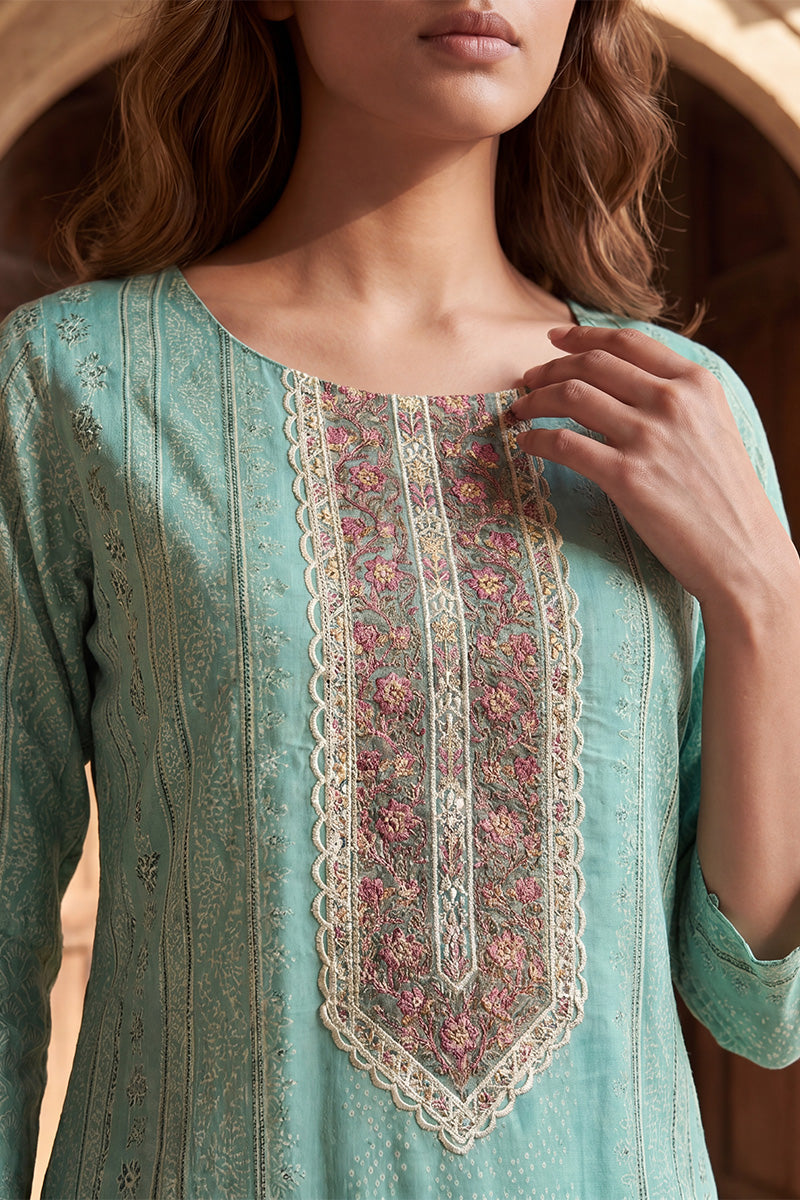 teal pure cotton ethnic motifs printed straight kurta sets vkskd3200