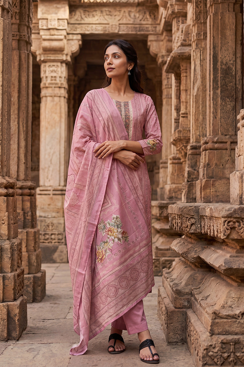pink pure cotton ethnic motifs printed straight kurta sets vkskd3203