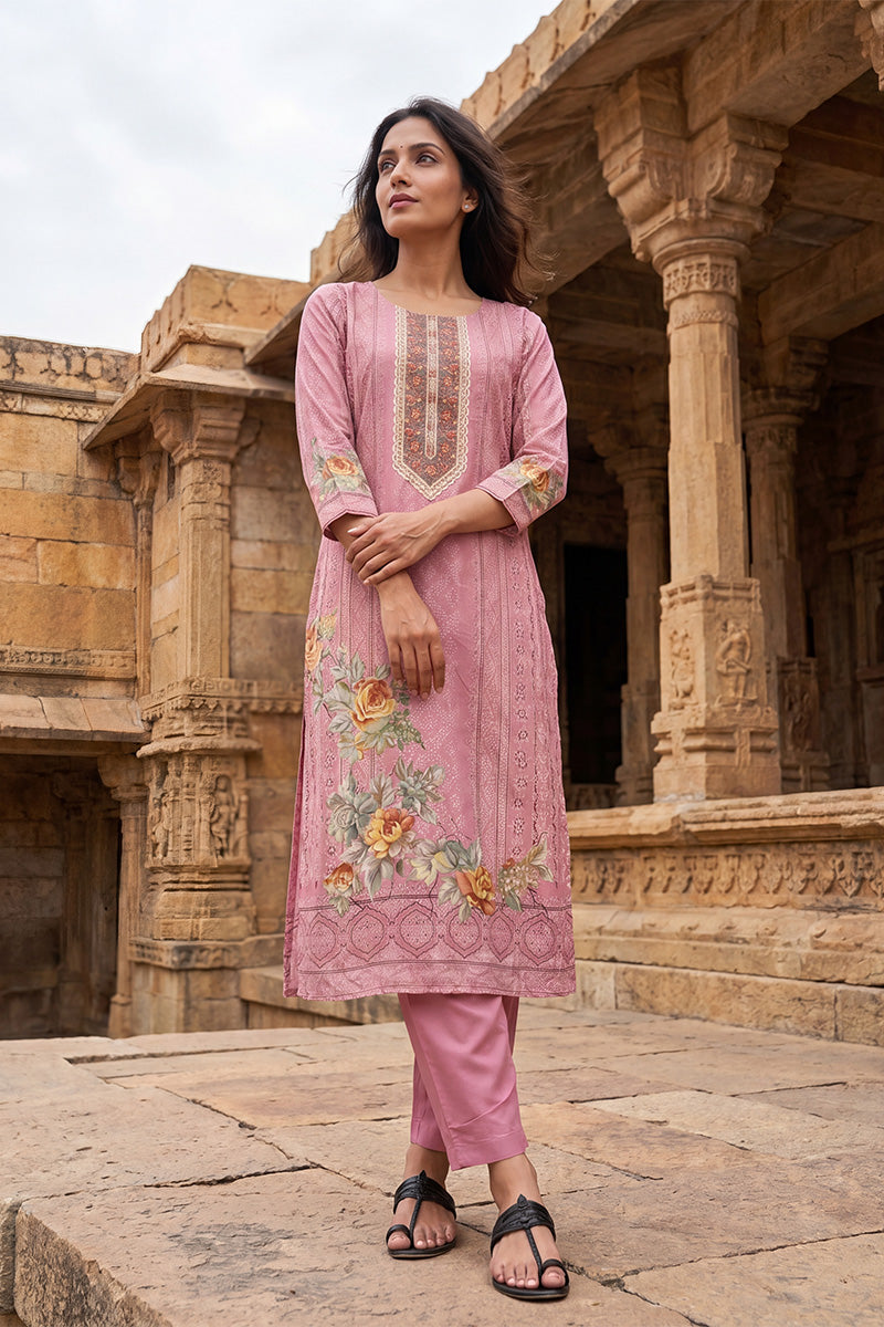 pink pure cotton ethnic motifs printed straight kurta sets vkskd3203