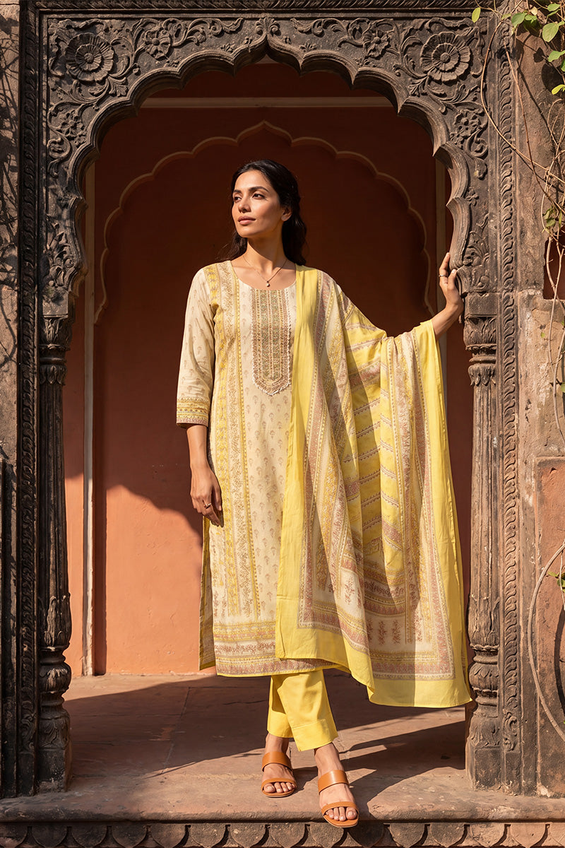 yellow pure cotton floral printed straight kurta sets vkskd3204