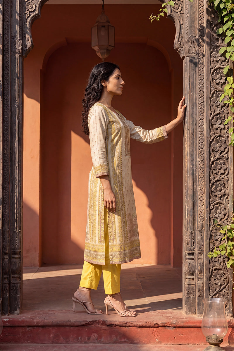 yellow pure cotton floral printed straight kurta sets vkskd3204