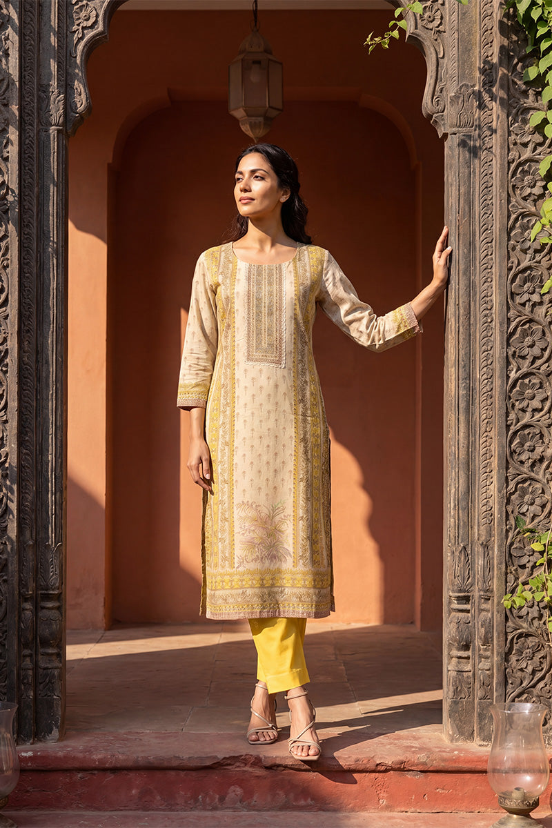 yellow pure cotton floral printed straight kurta sets vkskd3204