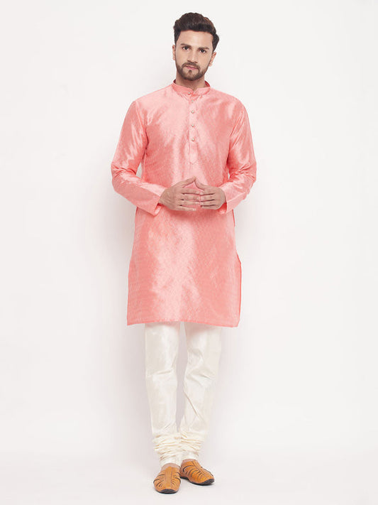 Vastramay - Men's Pink Woven Silk Blend Kurta Only