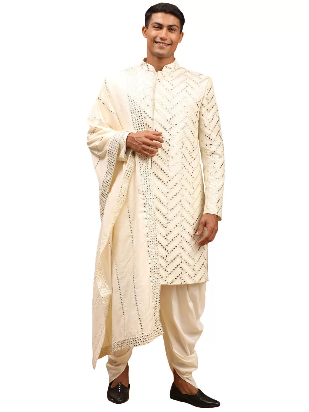 Shrestha By Vastramay - Men's Cream Silk Blend Sherwani Set With Dupatta