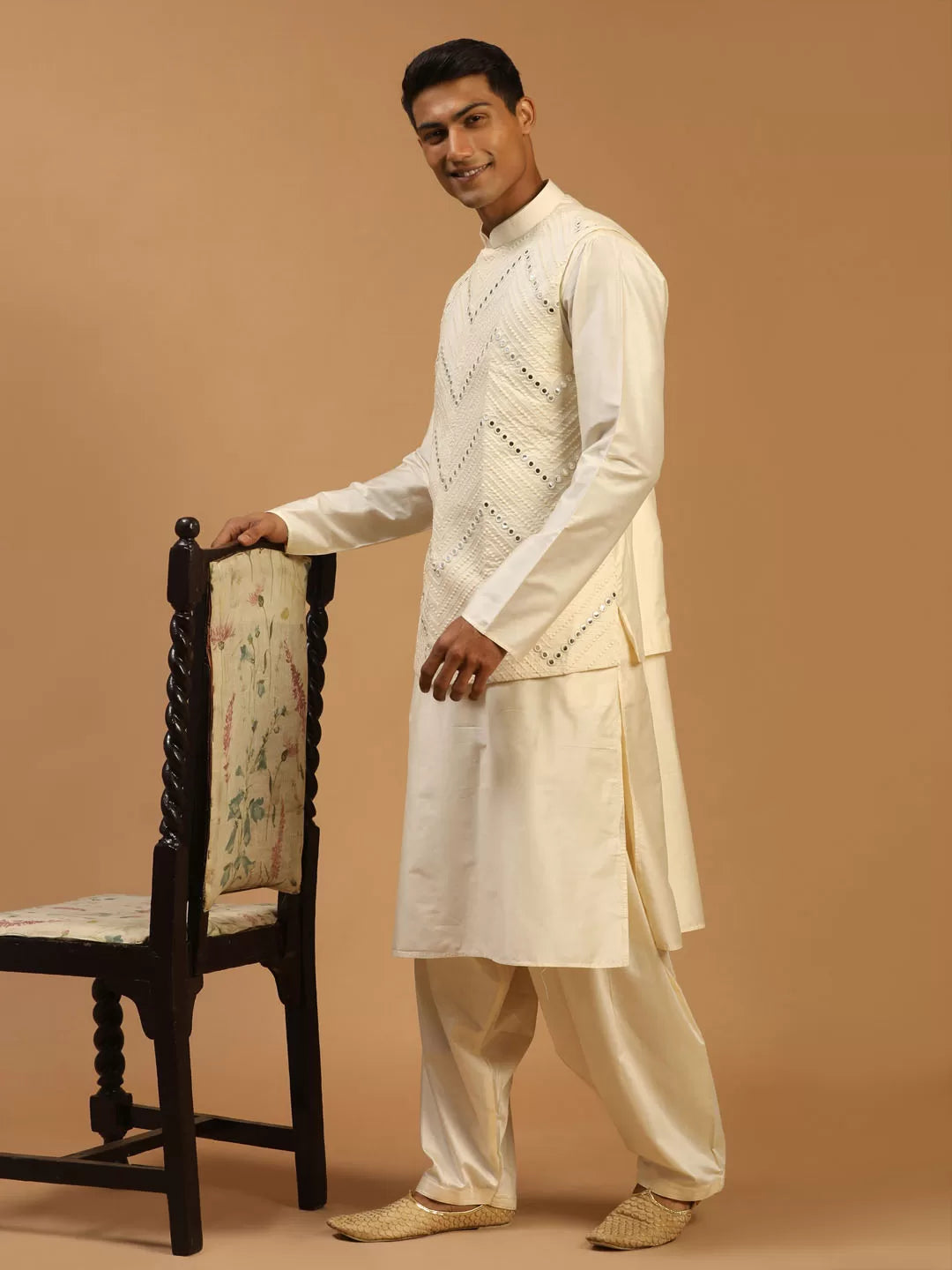 Cream Viscose Jacket, Kurta and Pyjama Set
