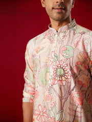 Shvaas By Vastramay - Men'S Multicolor Base Peach Cotton Printed Kurta Pant Set