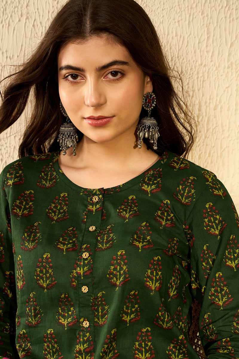 green cotton blend ethnic motifs printed regular tunic