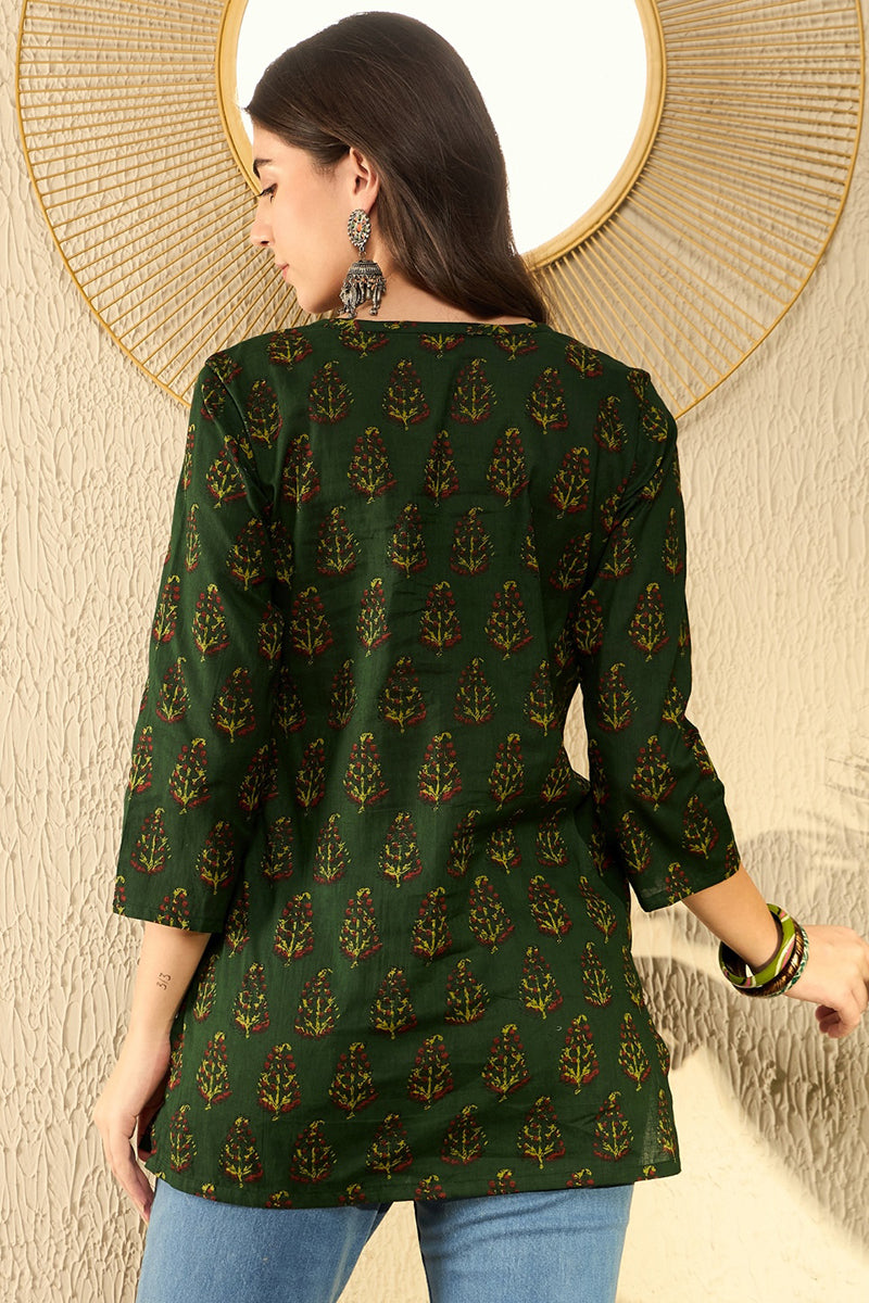 green cotton blend ethnic motifs printed regular tunic