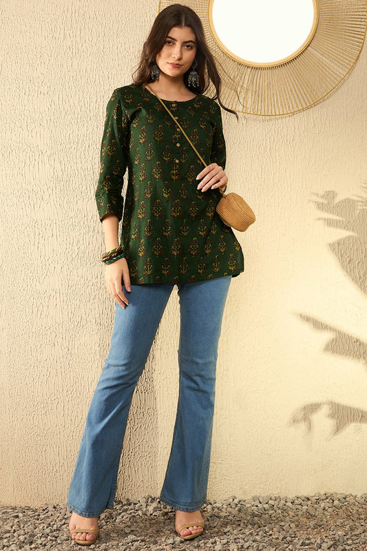 green cotton blend ethnic motifs printed regular tunic
