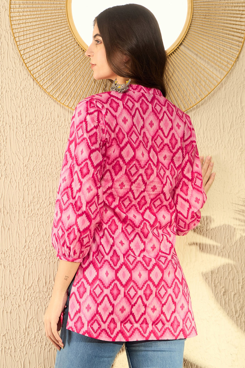 pink cotton blend ikat printed regular tunic 