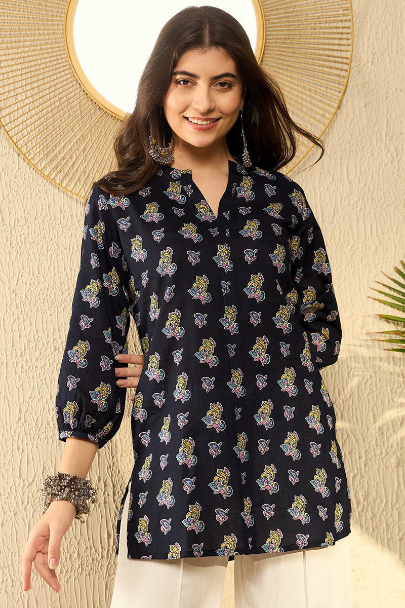 navy blue cotton blend ethnic motifs printed regular tunic