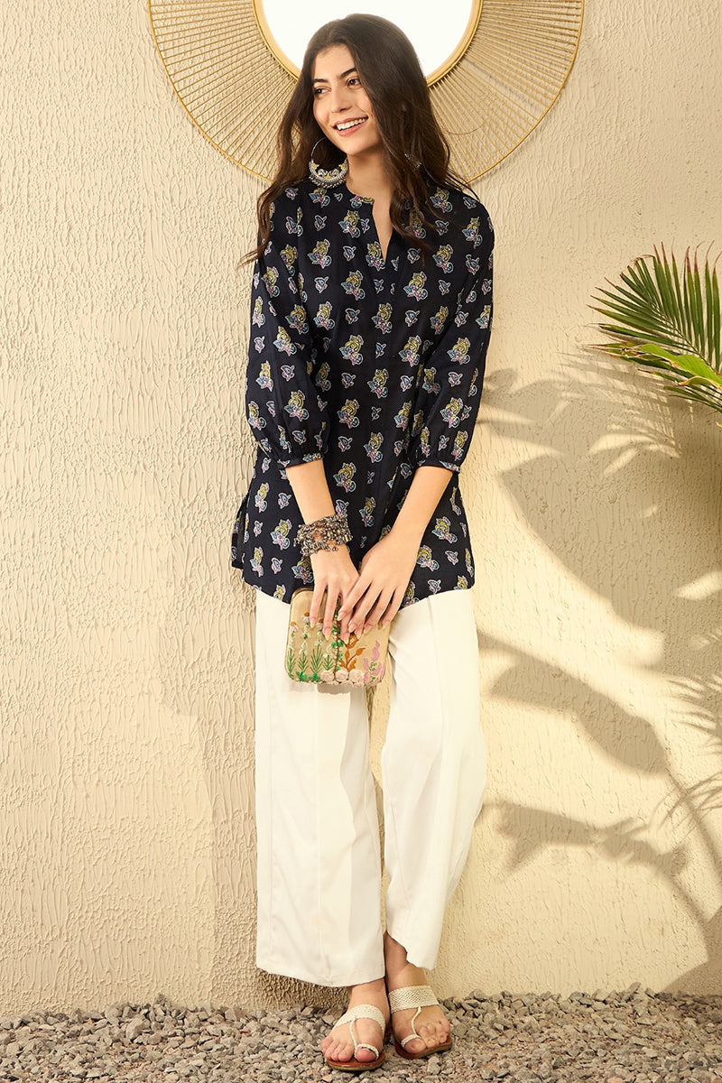 navy blue cotton blend ethnic motifs printed regular tunic