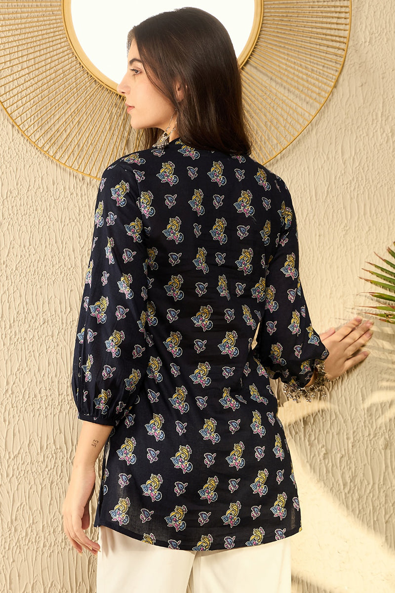 navy blue cotton blend ethnic motifs printed regular tunic