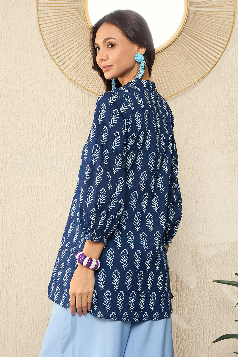 blue cotton blend floral printed regular kurti tunics