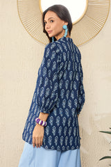blue cotton blend floral printed regular kurti tunics