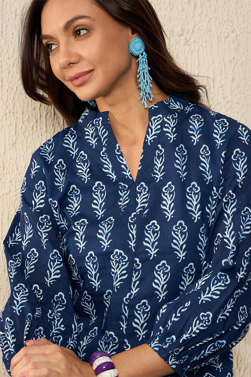 blue cotton blend floral printed regular kurti tunics