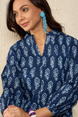 blue cotton blend floral printed regular kurti tunics