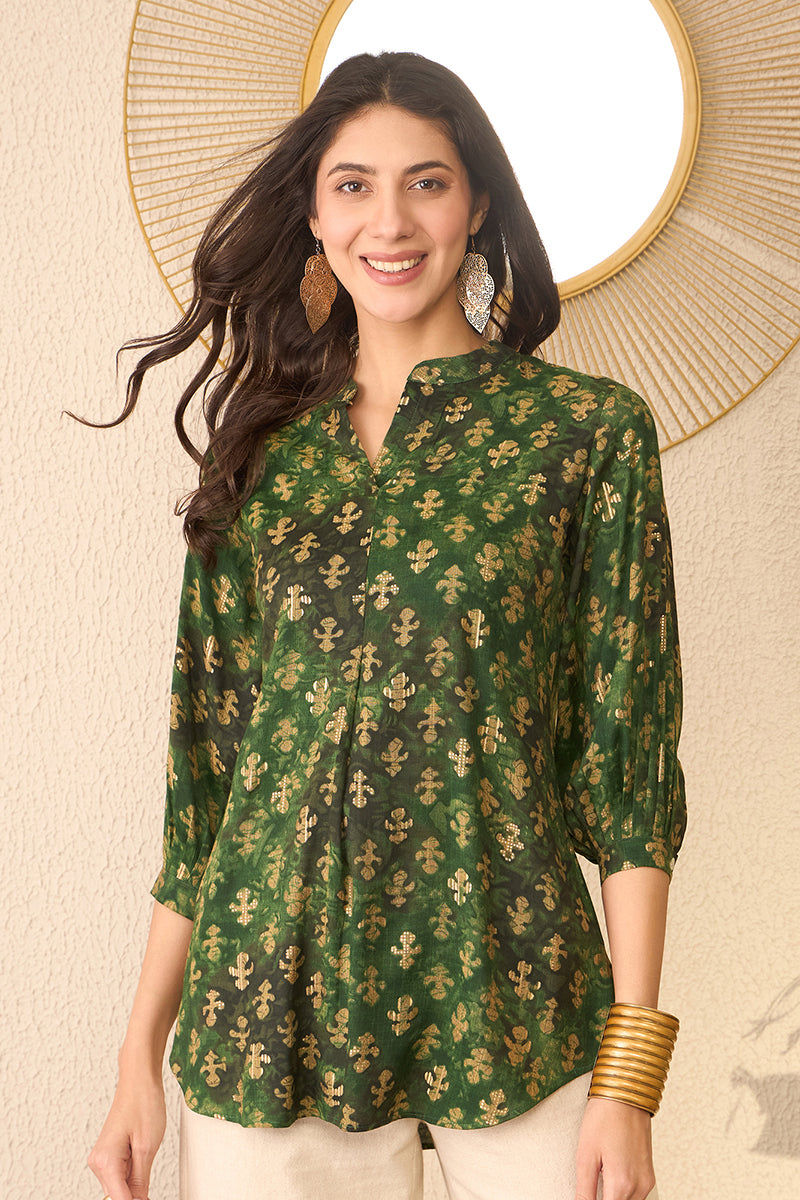 green cotton blend ethnic motifs printed regular top