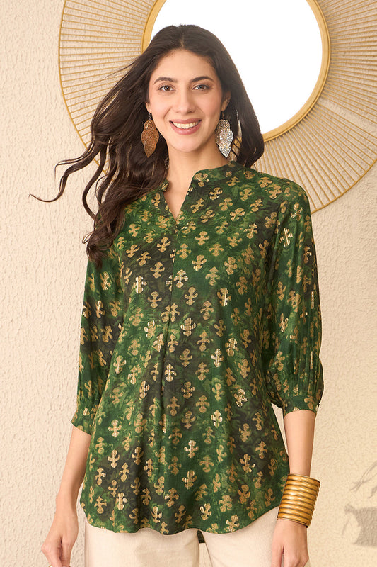 green cotton blend ethnic motifs printed regular top