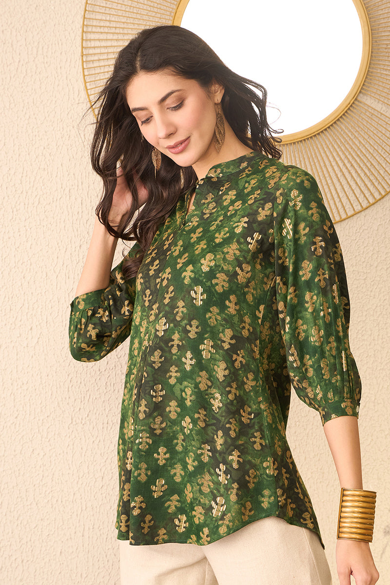 green cotton blend ethnic motifs printed regular top