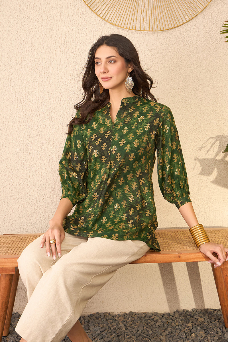 green cotton blend ethnic motifs printed regular top