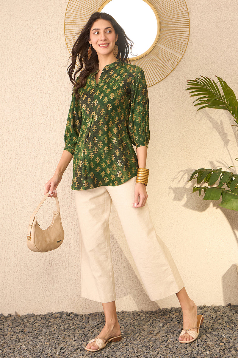 green cotton blend ethnic motifs printed regular top